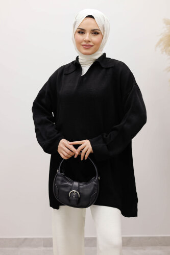 Polo Yaka Triko Tunik TSD260116 Siyah - TESETTÜR DÜNYASI (1)
