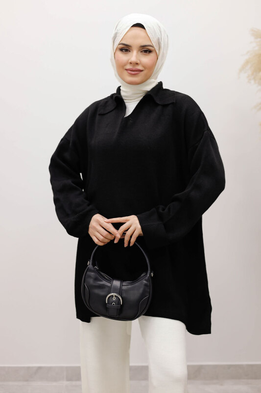 Polo Yaka Triko Tunik TSD260116 Siyah - TESETTÜR DÜNYASI (1)
