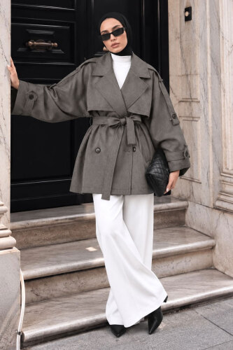 Premium Kısa Trençkot TSD260291 Gri - Tesettür Dünyası (1)