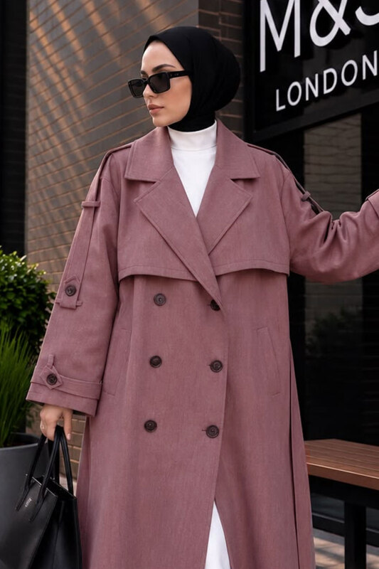 Premium Oversize Uzun Trençkot TSD260300 Mürdüm - Tesettür Dünyası (1)