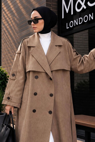 Premium Oversize Uzun Trençkot TSD260300 Vizon - 2