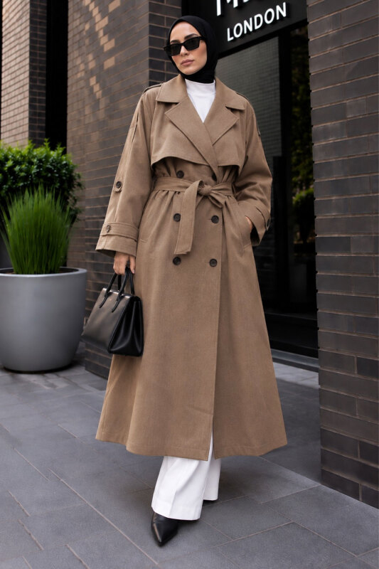 Premium Oversize Uzun Trençkot TSD260300 Vizon - 5