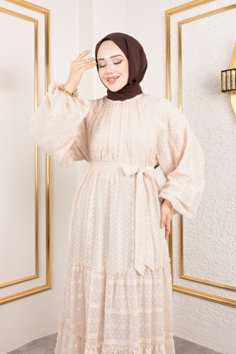 Puffy Desenli Elbise TSD250188 Bej - Tesettür Dünyası (1)