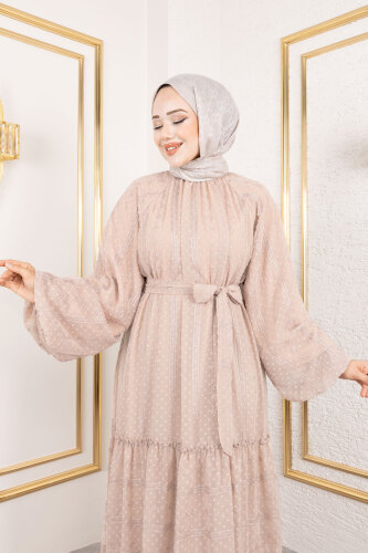 Puffy Desenli Elbise TSD250188 Vizon - Tesettür Dünyası (1)