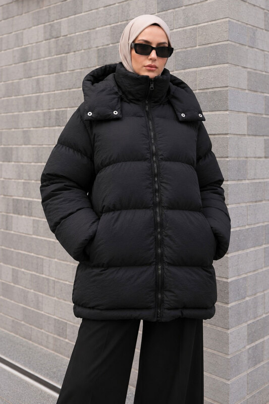 Puffy Oversize Fermuarlı Mont TSD260377 Siyah - Tesettür Dünyası