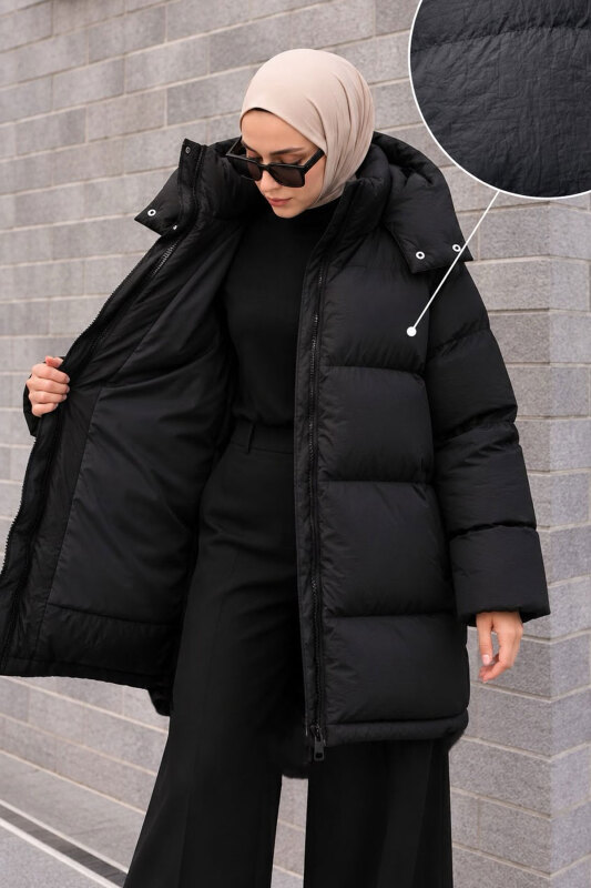 Puffy Oversize Fermuarlı Mont TSD260377 Siyah - Tesettür Dünyası (1)