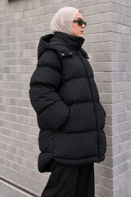 Puffy Oversize Fermuarlı Mont TSD260377 Siyah - 4