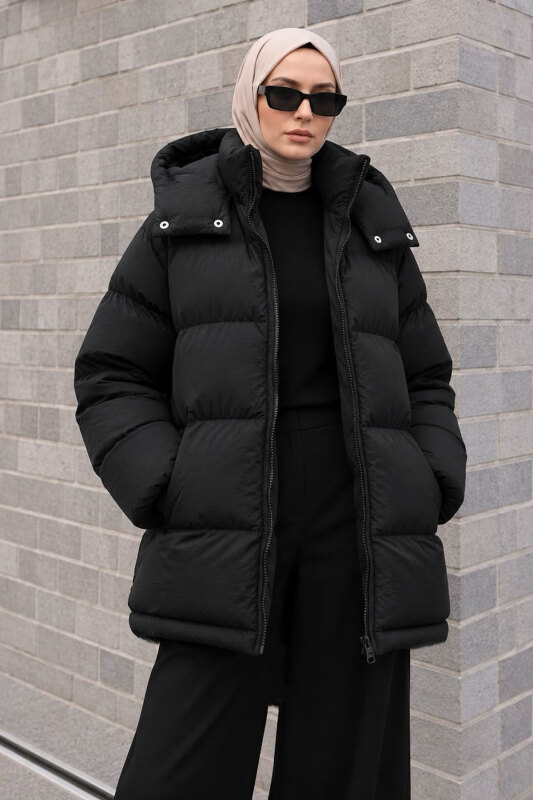 Puffy Oversize Fermuarlı Mont TSD260377 Siyah - 5