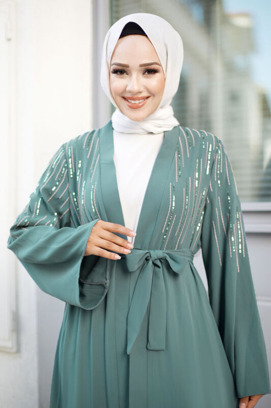 Pullu Tesettür Abaya TSD240722 Mint Yeşili - 2