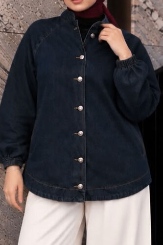 Reglan Kol Düğmeli Kot Ceket TSD260301 Koyu Mavi - 4