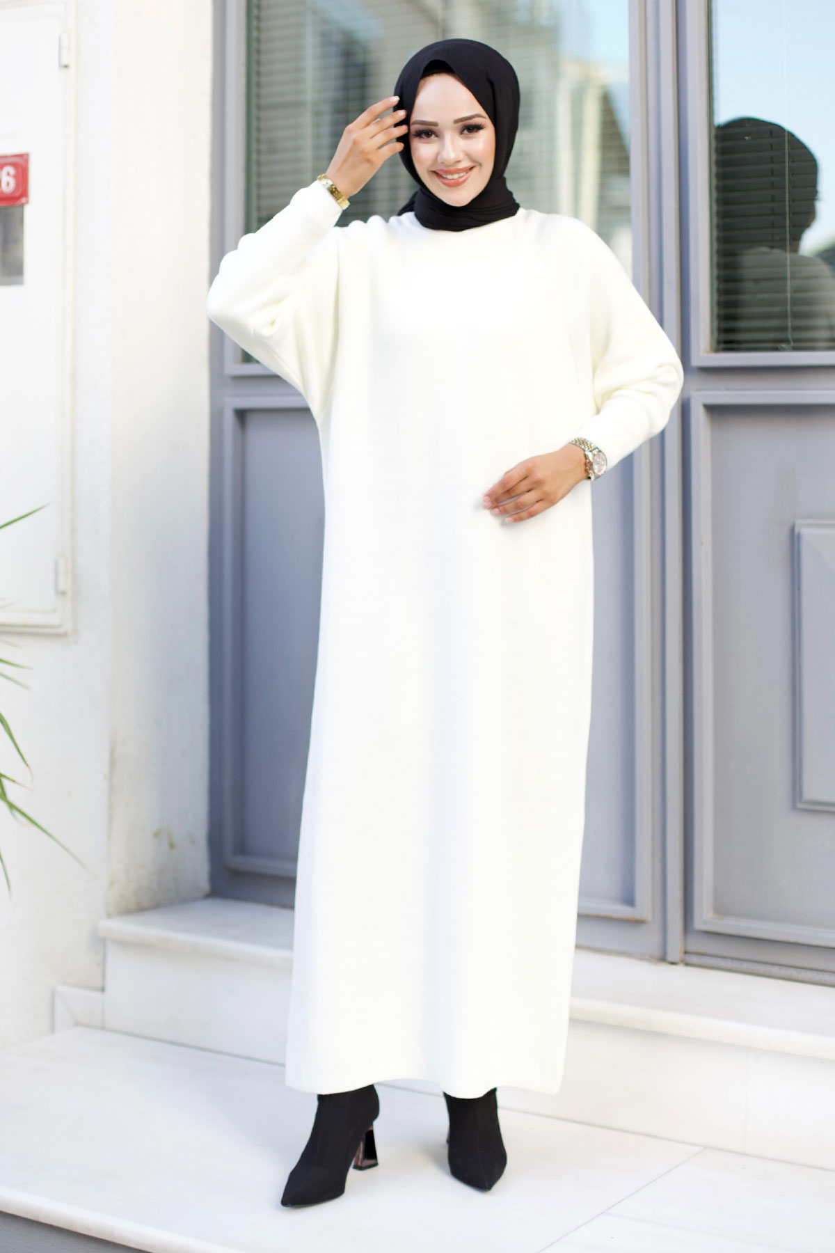 Reglan Kol Triko Elbise TSD240725 Beyaz