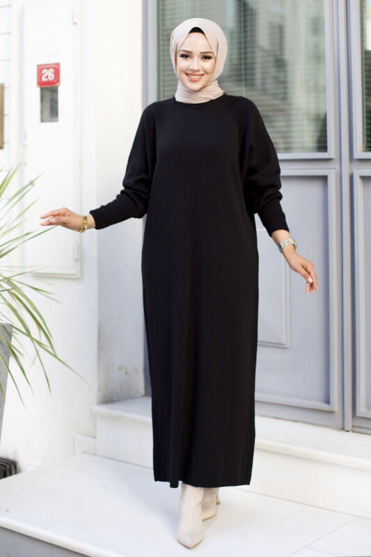 Reglan Kol Triko Elbise TSD240725 Siyah - Tesettür Dünyası