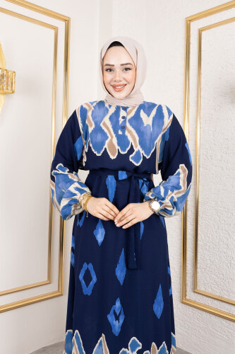 Renk Garnili Tesettür Elbise TSD250143 Lacivert - Tesettür Dünyası (1)