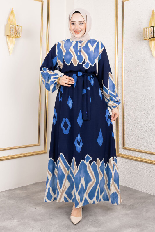 Renk Garnili Tesettür Elbise TSD250143 Lacivert - 1