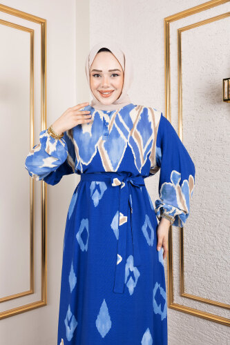 Renk Garnili Tesettür Elbise TSD250143 Mavi - Tesettür Dünyası (1)