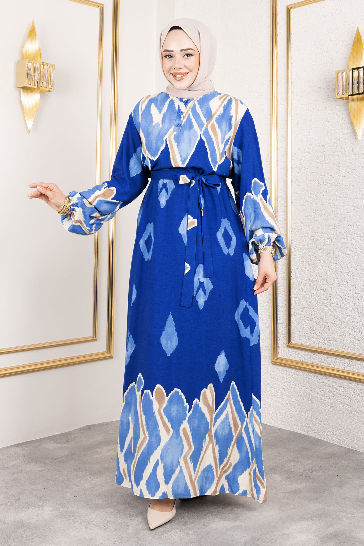 Renk Garnili Tesettür Elbise TSD250143 Mavi