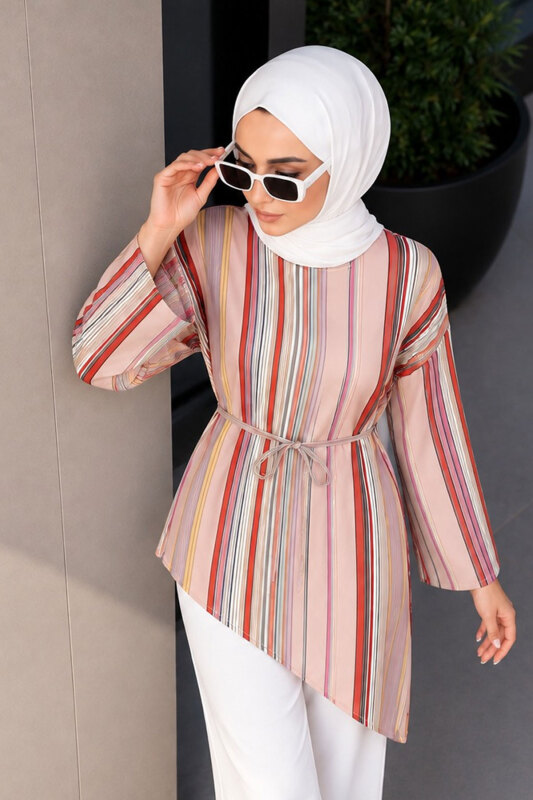 Renkli Çizgili Asimetrik Tunik TSD260282 Pembe - 4