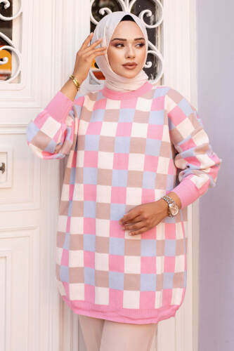 Renkli Kare Desenli Triko Tunik TSD240705 Pembe - Tesettür Dünyası (1)
