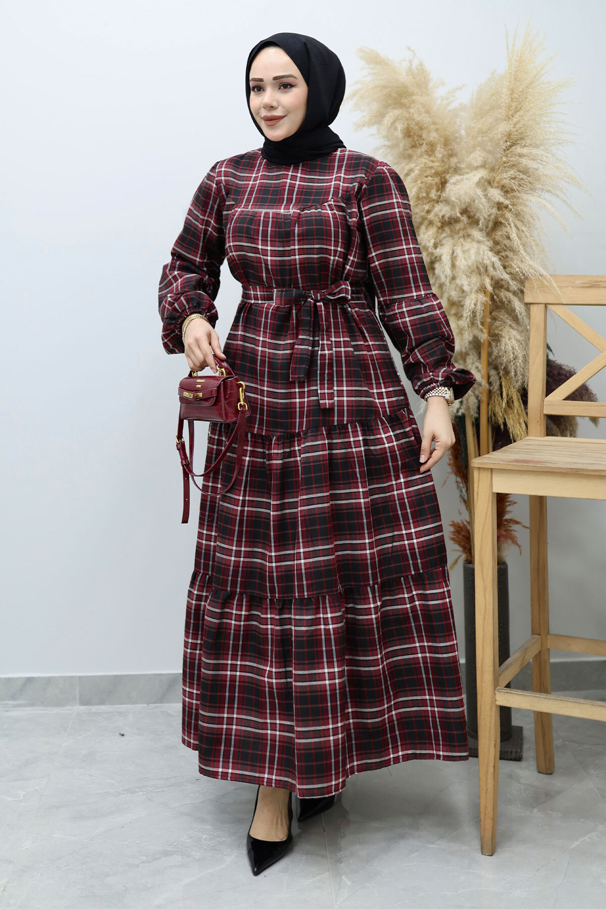 Robalı Ekose Elbise TSD260134 Bordo