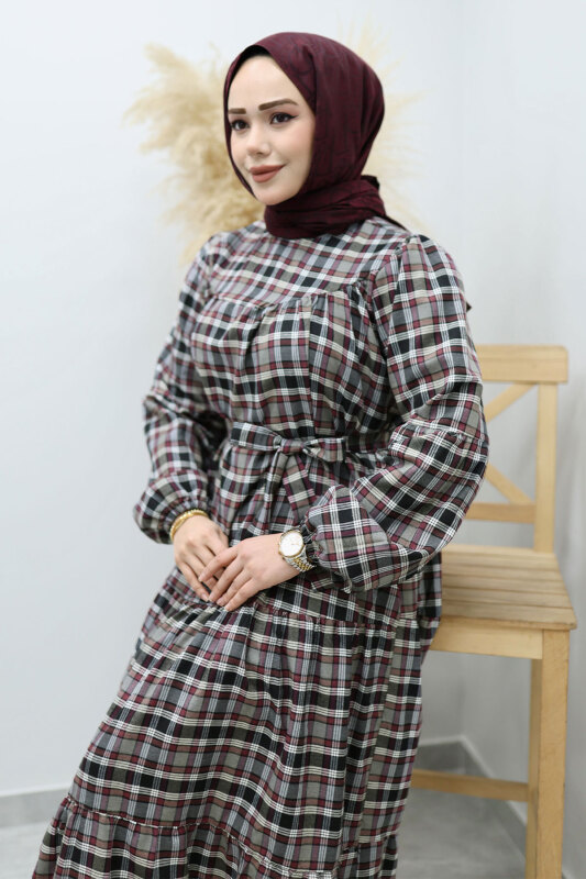 Robalı Ekose Elbise TSD260134 Gri - 2