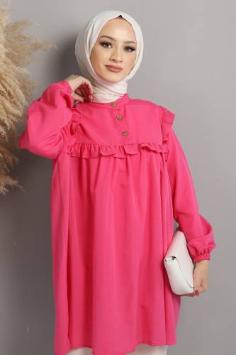 Robalı Fırfırlı Tunik TSD1803 Pembe - Tesettür Dünyası (1)