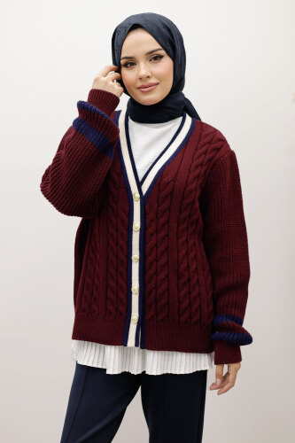 Saç Örgü Desenli Triko Hırka TSD250255 Bordo 