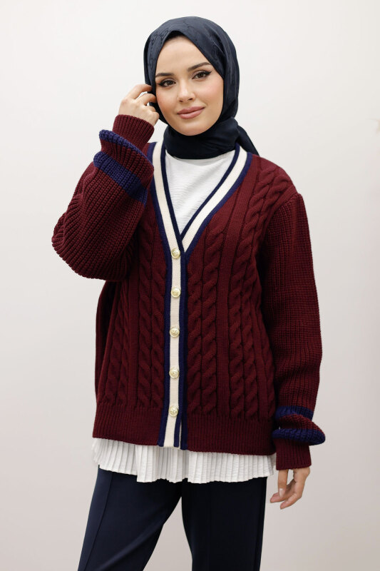 Saç Örgü Desenli Triko Hırka TSD250255 Bordo - TESETTÜR DÜNYASI