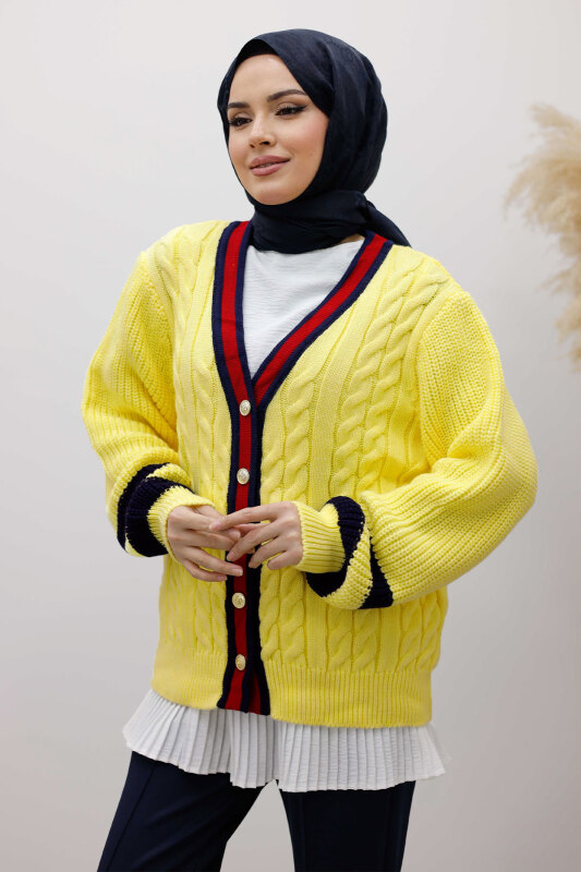 Saç Örgü Desenli Triko Hırka TSD250255 Sarı - TESETTÜR DÜNYASI