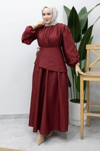 Sahra Seyyar Kemerli Elbise TSD260237 Bordo 