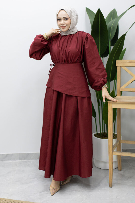 Sahra Seyyar Kemerli Elbise TSD260237 Bordo - Tesettür Dünyası