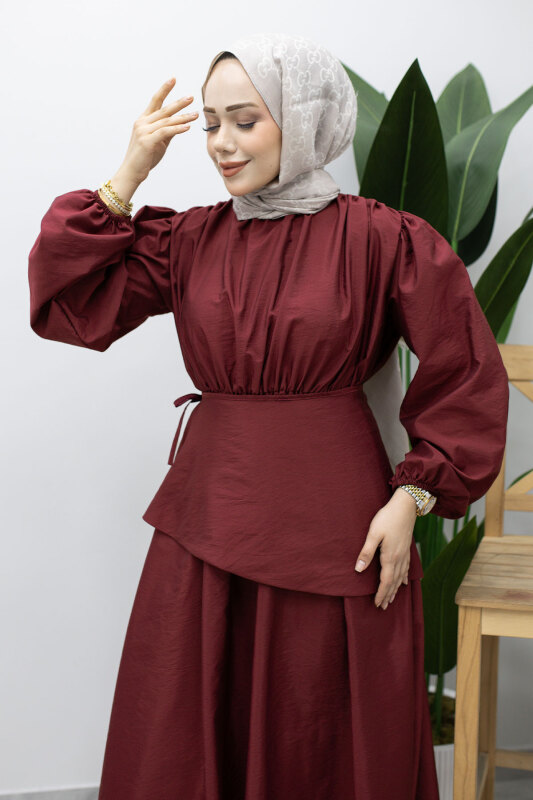 Sahra Seyyar Kemerli Elbise TSD260237 Bordo - Tesettür Dünyası (1)