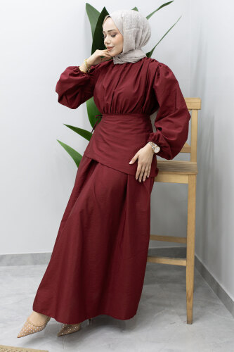 Sahra Seyyar Kemerli Elbise TSD260237 Bordo - 3