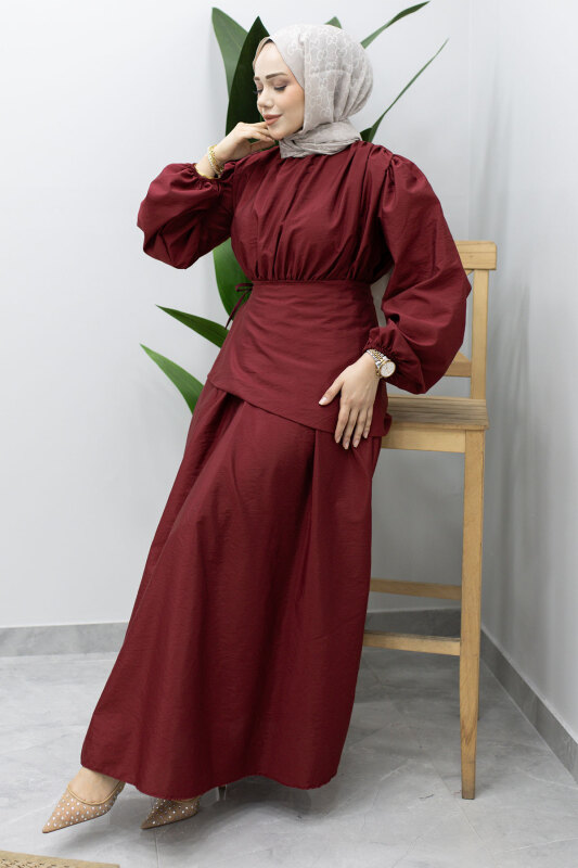 Sahra Seyyar Kemerli Elbise TSD260237 Bordo - 3