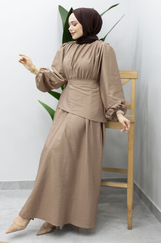 Sahra Seyyar Kemerli Elbise TSD260237 Vizon 