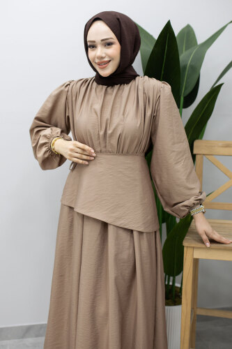 Sahra Seyyar Kemerli Elbise TSD260237 Vizon - 4