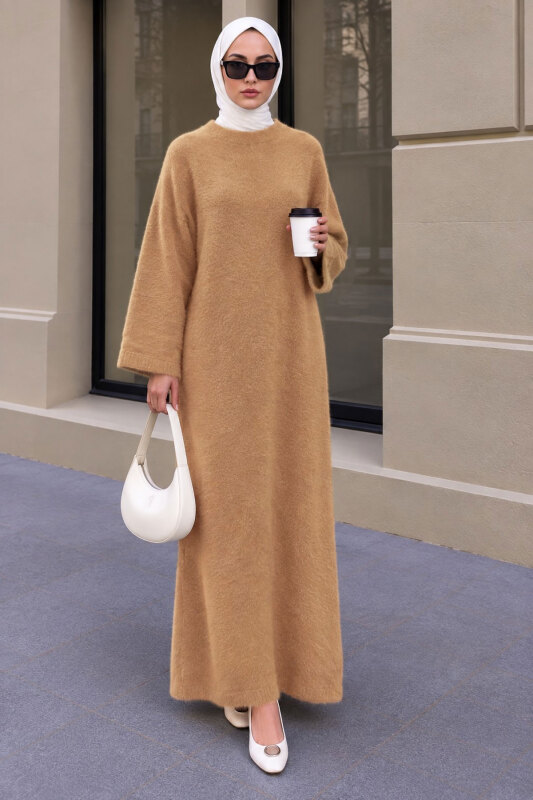 Sakallı Yumuşak Triko Elbise TSD260303 Camel - 3