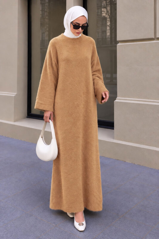 Sakallı Yumuşak Triko Elbise TSD260303 Camel - 4