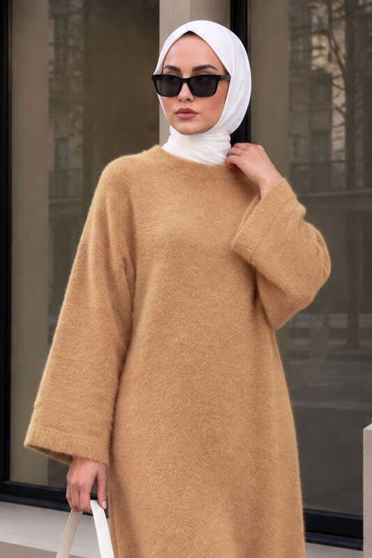 Sakallı Yumuşak Triko Elbise TSD260303 Camel - 5