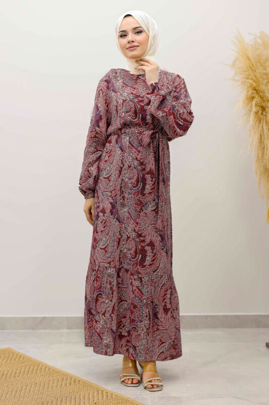 Şal Desen Kuşaklı Elbise TSD250257 Bordo - 1