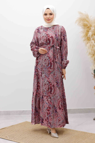 Şal Desen Kuşaklı Elbise TSD260107 Bordo 