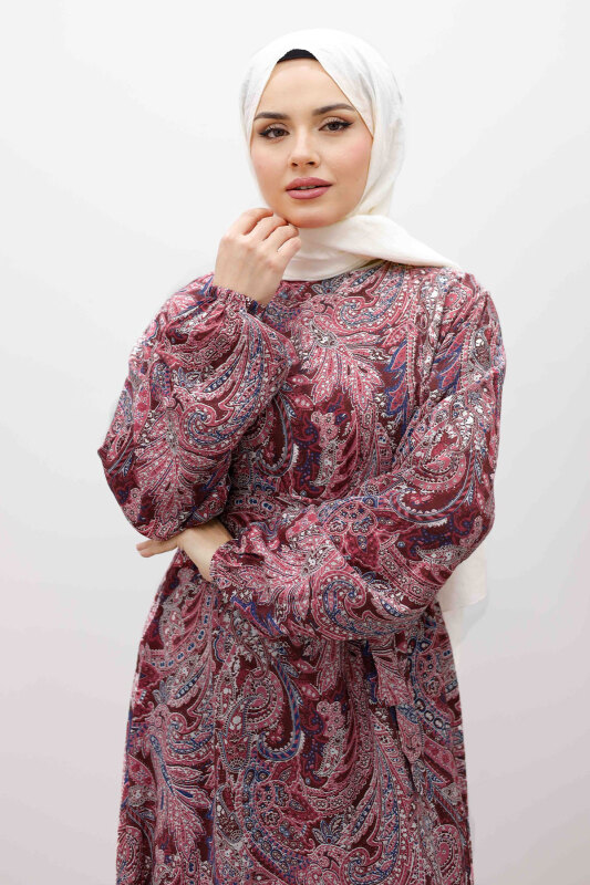 Şal Desen Kuşaklı Elbise TSD260107 Bordo - 2