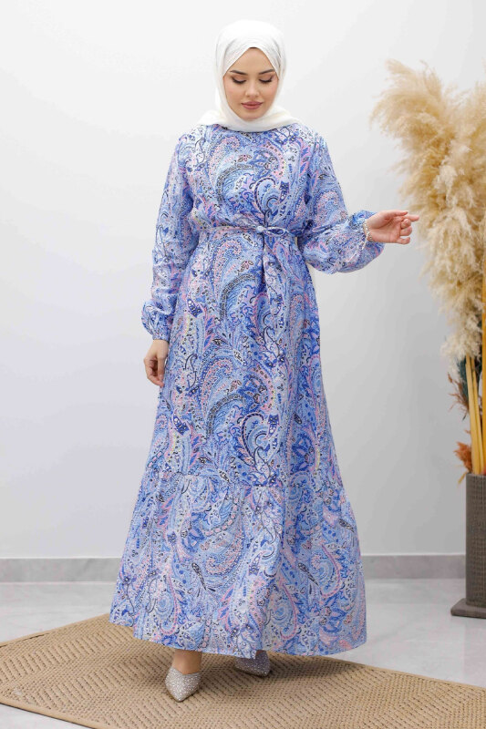 Şal Desen Kuşaklı Elbise TSD260107 Mavi - 1