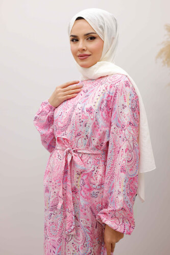 Şal Desen Kuşaklı Elbise TSD260107 Pembe - 2