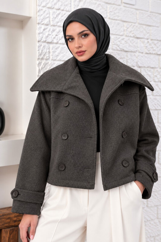 Şal Yaka Kısa Kaşe Kaban TSD260367 Füme - 1