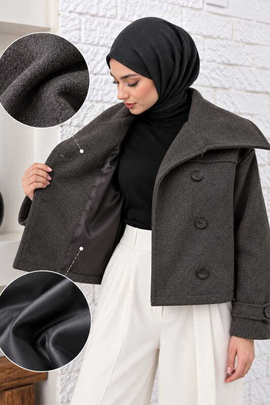 Şal Yaka Kısa Kaşe Kaban TSD260367 Füme - 2