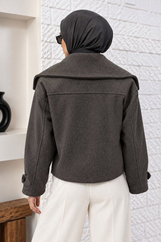 Şal Yaka Kısa Kaşe Kaban TSD260367 Füme - 6