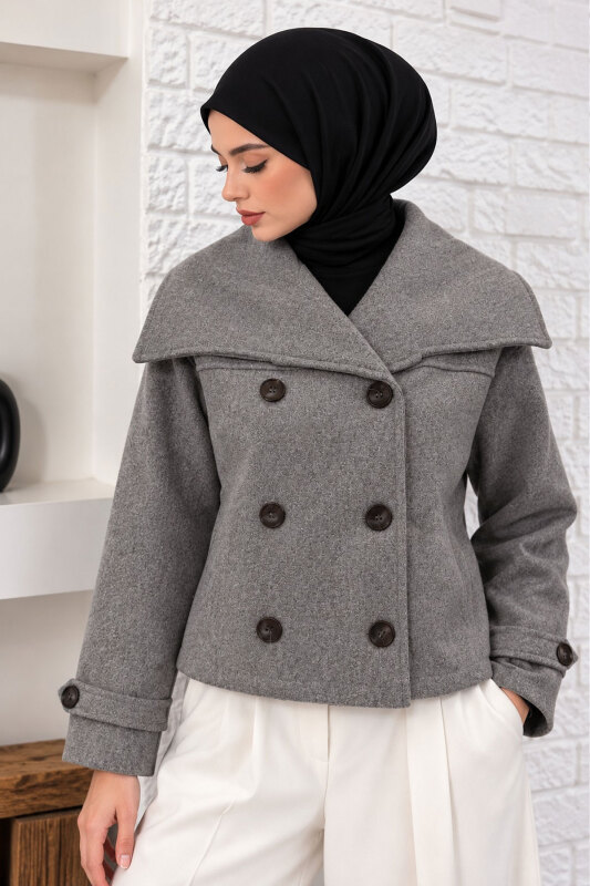 Şal Yaka Kısa Kaşe Kaban TSD260367 Gri - 1