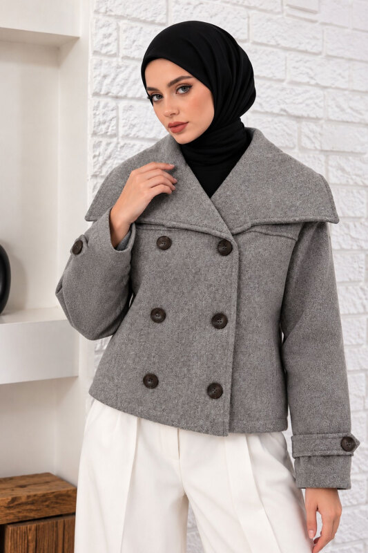 Şal Yaka Kısa Kaşe Kaban TSD260367 Gri - 3