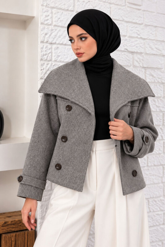 Şal Yaka Kısa Kaşe Kaban TSD260367 Gri - 4