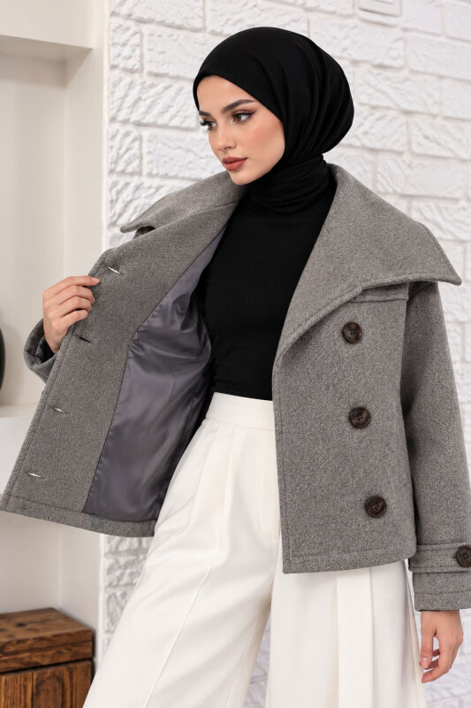 Şal Yaka Kısa Kaşe Kaban TSD260367 Gri - 5